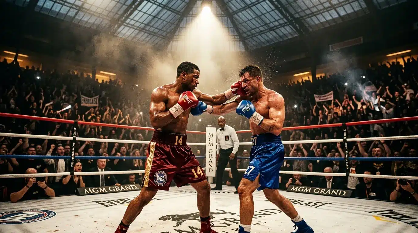 Deux boxeurs s'affrontent sur ring professionnel illuminé