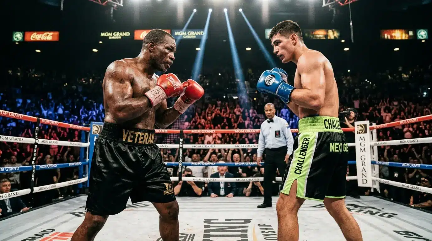 Deux boxeurs s'affrontent sur le ring du MGM Grand