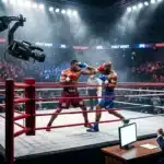 Deux boxeurs s'affrontent sur un ring professionnel devant une foule