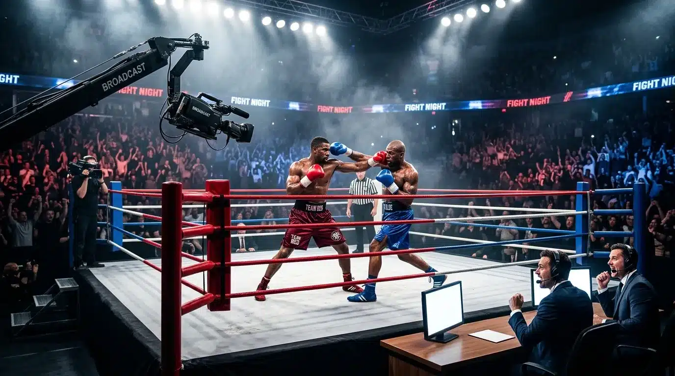 Deux boxeurs s'affrontent sur un ring professionnel devant une foule