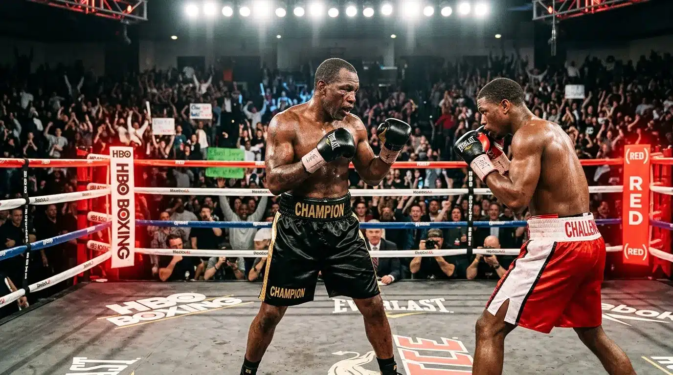 Deux boxeurs s'affrontent dans un ring sous les projecteurs