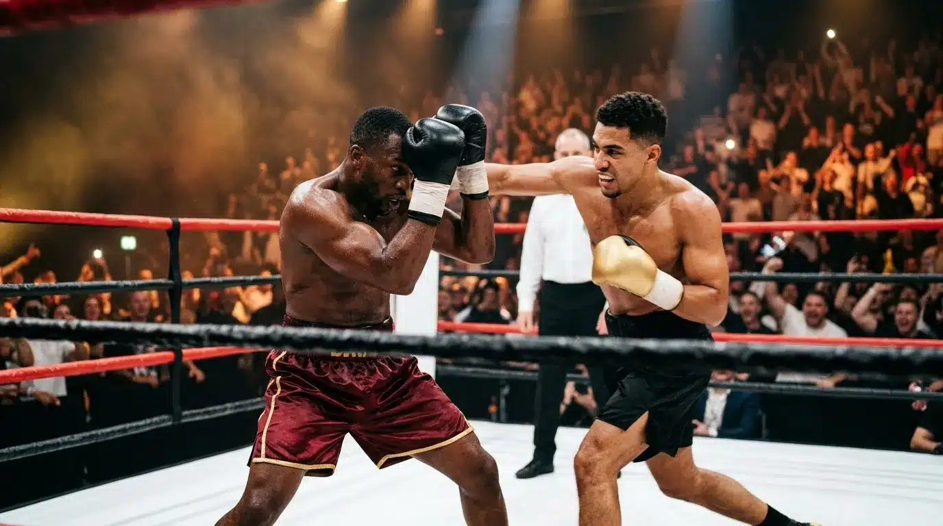 Deux boxeurs s'affrontant sur le ring devant un public enthousiaste