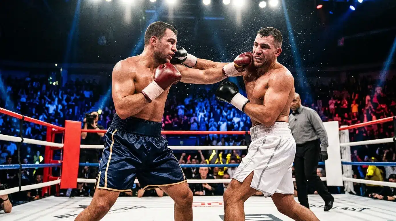 Deux boxeurs s'affrontant sur un ring professionnel avec public.