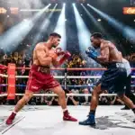 Deux boxeurs s'affrontent dans un ring professionnel illuminé