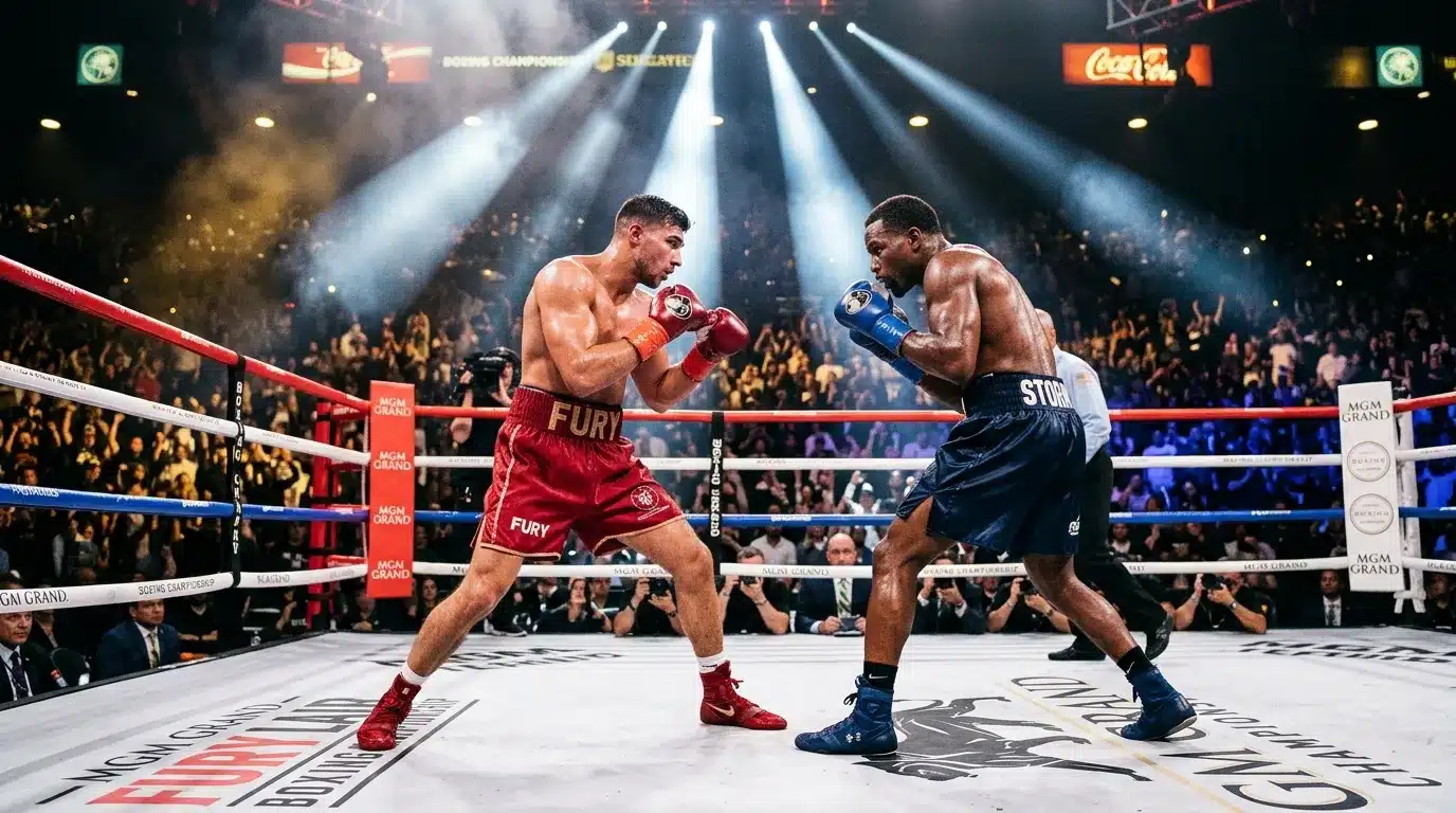Deux boxeurs s'affrontent dans un ring professionnel illuminé