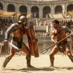 Deux gladiateurs combattent dans une arène antique bondée