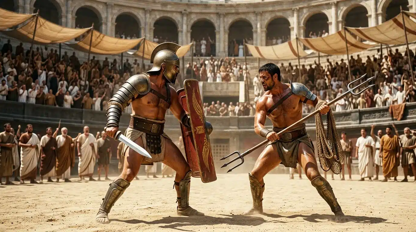 Deux gladiateurs combattent dans une arène antique bondée