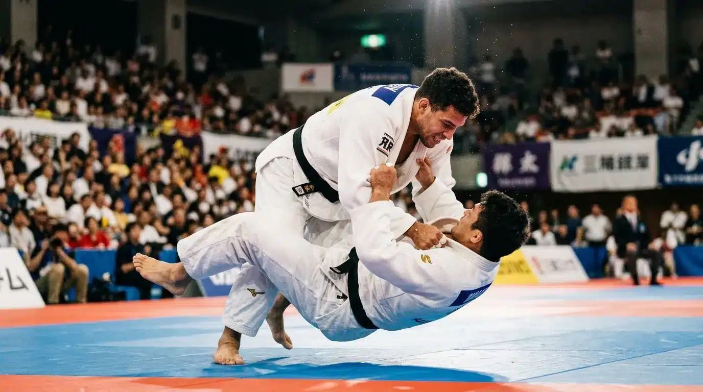 Deux judokas en blanc s'affrontent lors d'une compétition officielle.