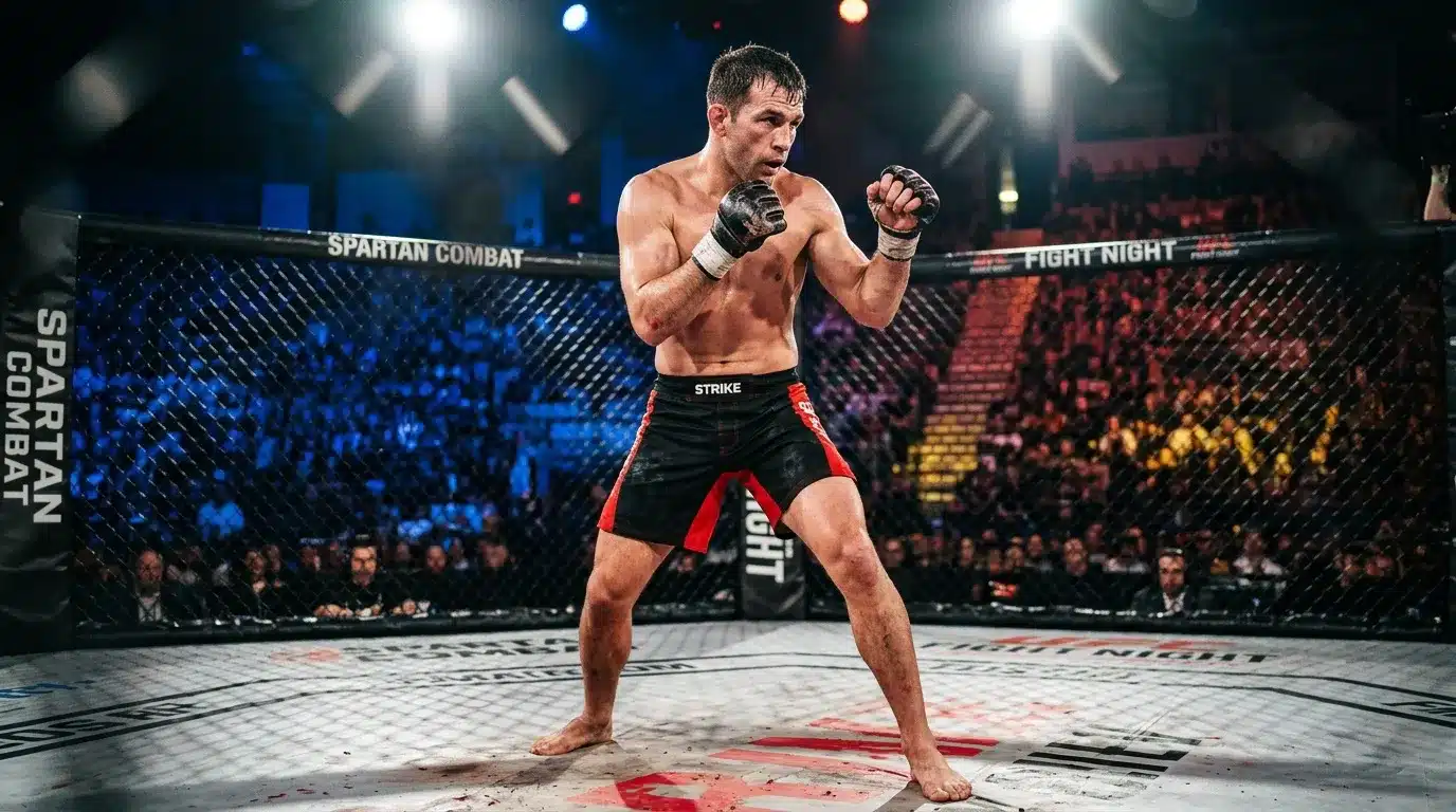 Combattant MMA en position défensive dans l'octogone