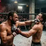 Deux combattants s'affrontent dans un ring devant spectateurs