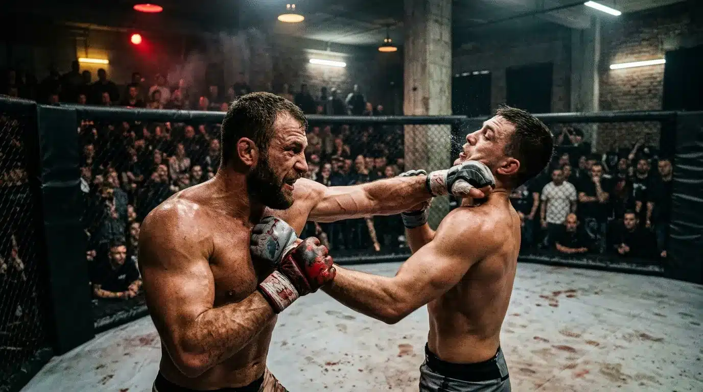 Deux combattants s'affrontent dans un ring devant spectateurs