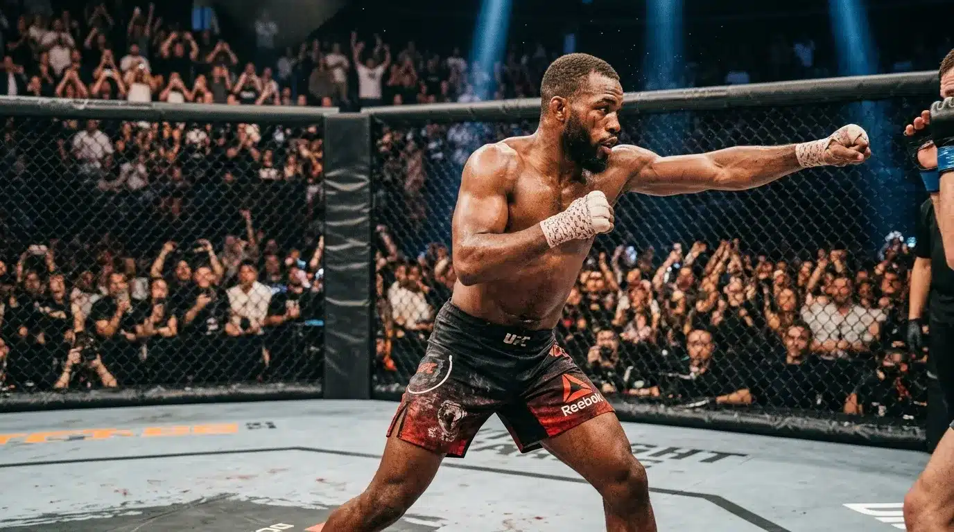 Combattant UFC en position offensive lors d'un match.