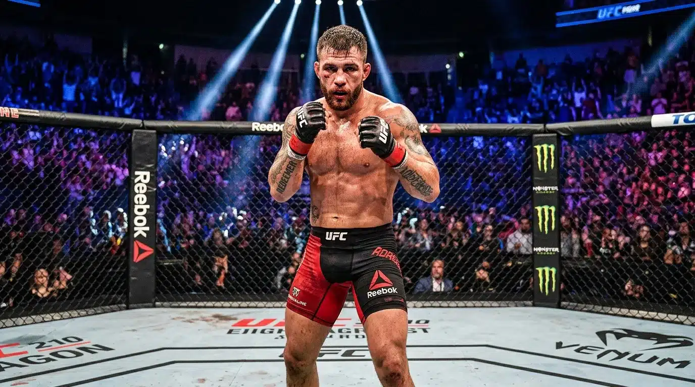 Combattant de MMA dans l'octogone UFC, gants rouges, public
