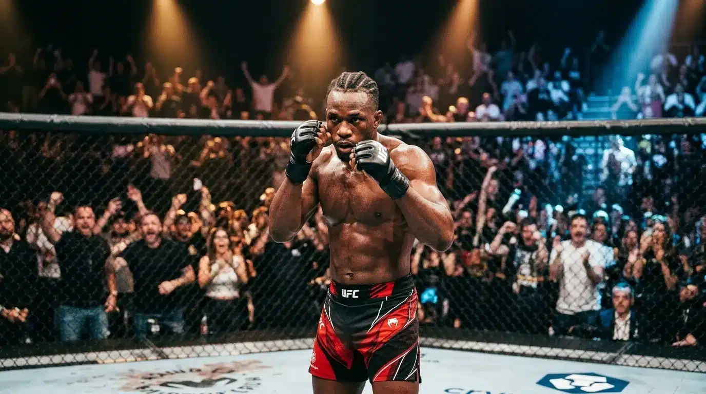 Athlète UFC en shorts rouges, poings levés, devant foule