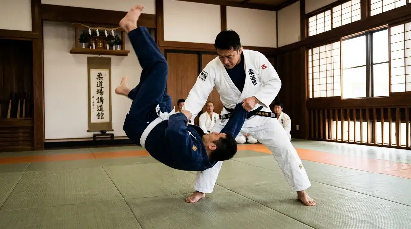 Instructeur judo projette élève tatami dojo traditionnel