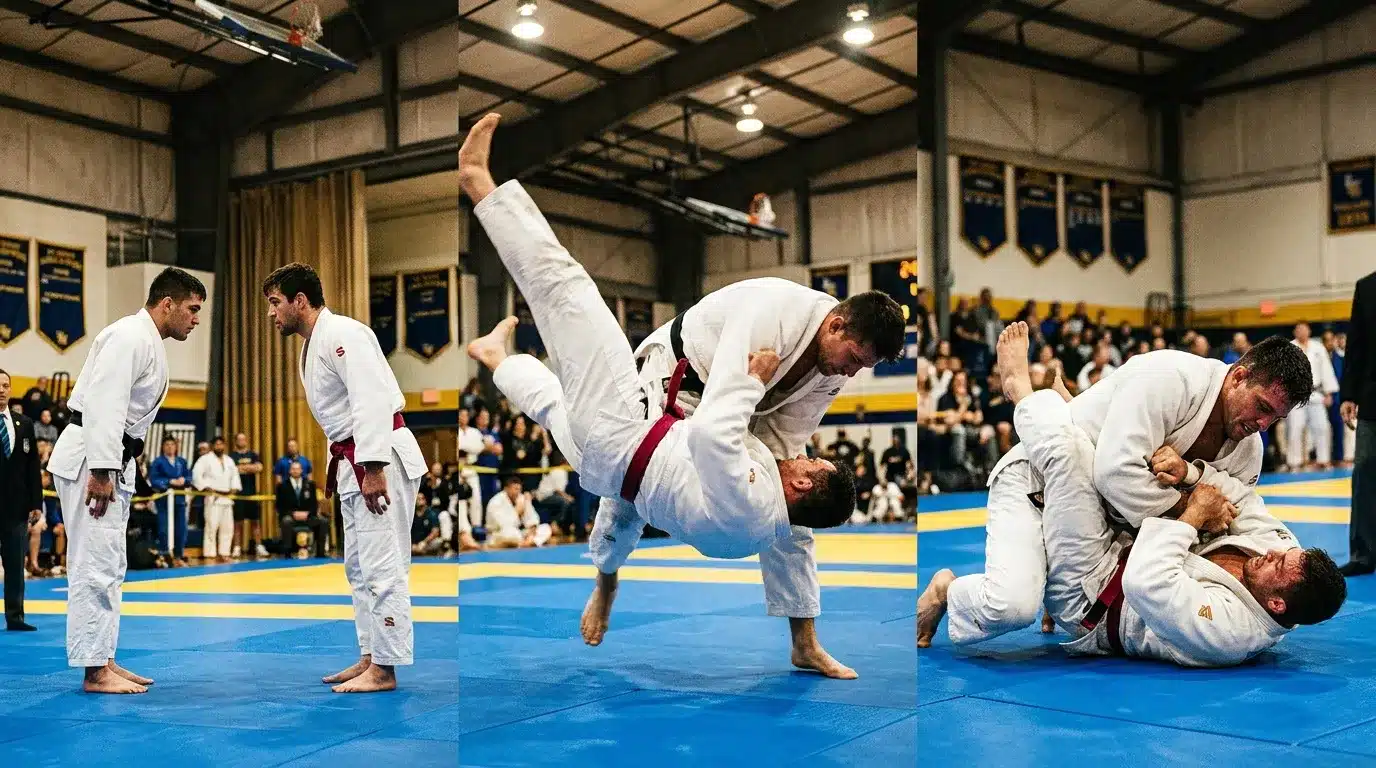 Deux judokas en kimono blanc exécutent des mouvements de Jiu-Jitsu