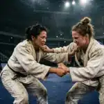 Deux femmes en judogi pratiquent le judo dans un stade