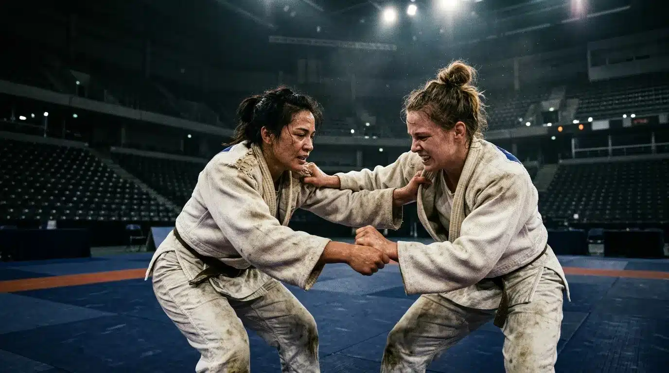 Deux femmes en judogi pratiquent le judo dans un stade