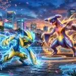 Deux Pokémon électriques combattent dans une ville cyberpunk
