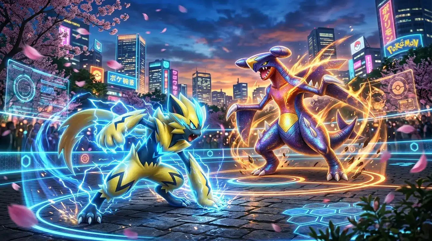 Deux Pokémon électriques combattent dans une ville cyberpunk