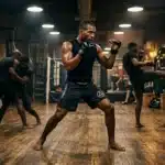 Boxeur en garde, poings levés, salle d'entraînement avec sacs