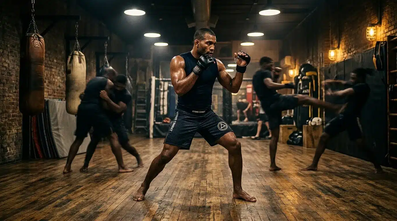 Boxeur en garde, poings levés, salle d'entraînement avec sacs
