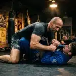 Deux hommes pratiquant le Brazilian Jiu-Jitsu au sol en gym