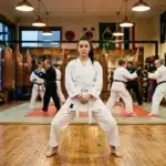 Femme en gi blanc dans une pose de karaté, dojo actif en arrière-plan