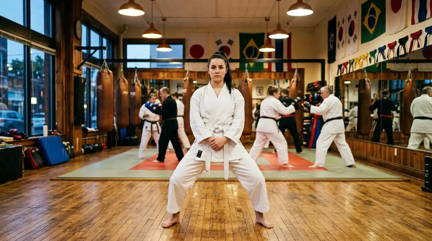 Femme en gi blanc dans une pose de karaté, dojo actif en arrière-plan