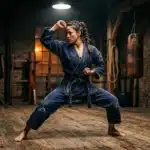 Femme en kimono bleu pratiquant le karaté dans un dojo