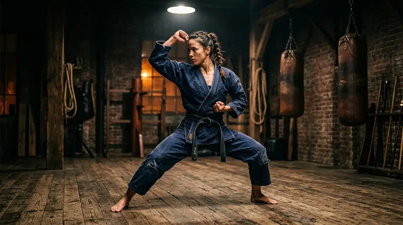 Femme en kimono bleu pratiquant le karaté dans un dojo
