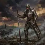 Guerrier en armure médiévale tenant épée sous orage violent