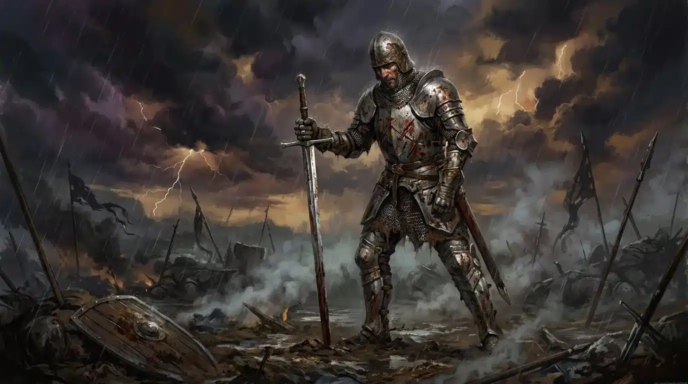 Guerrier en armure médiévale tenant épée sous orage violent