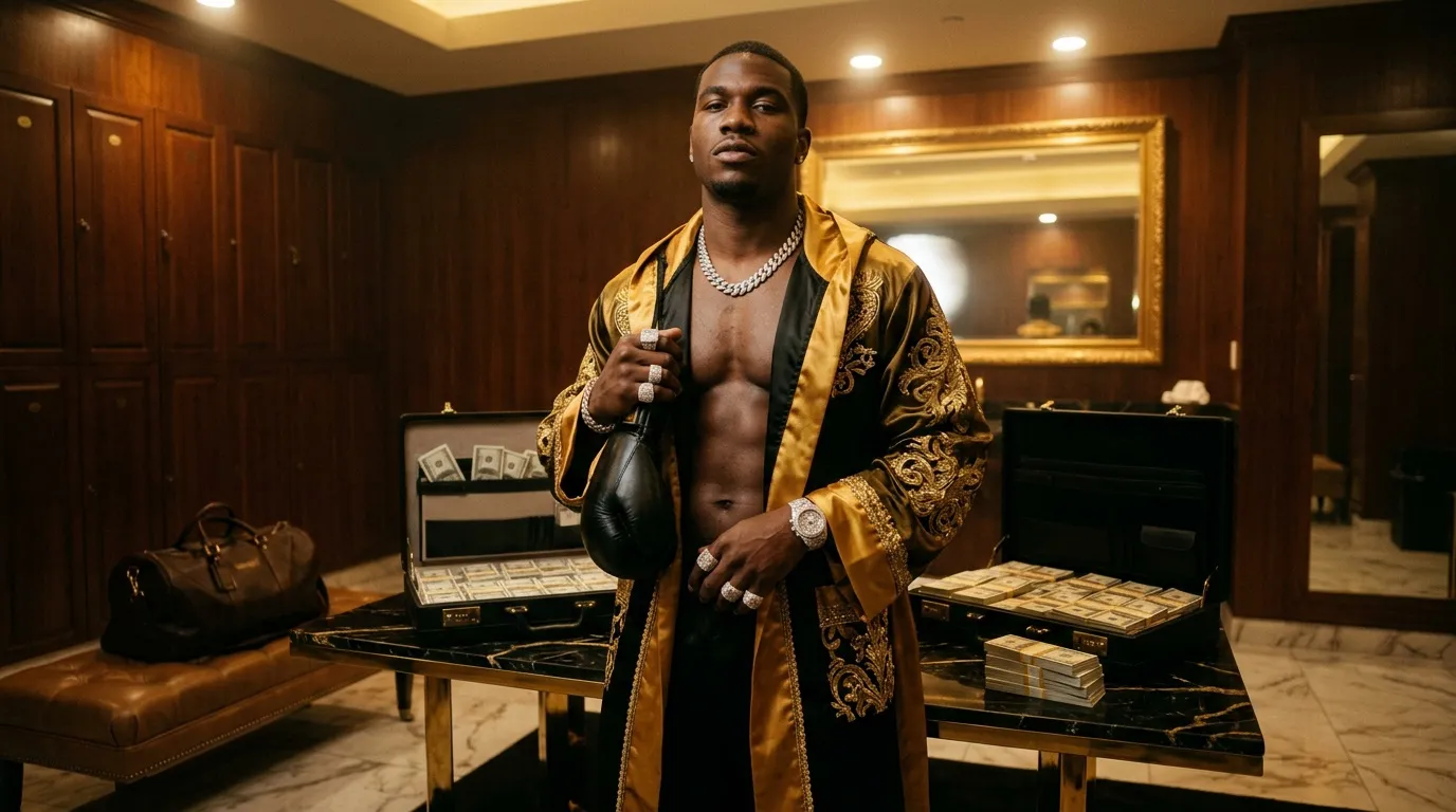 Homme en robe dorée luxueuse posant avec argent et bijoux