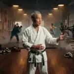 Sensei âgé en gi blanc dirigeant cours karaté dojo