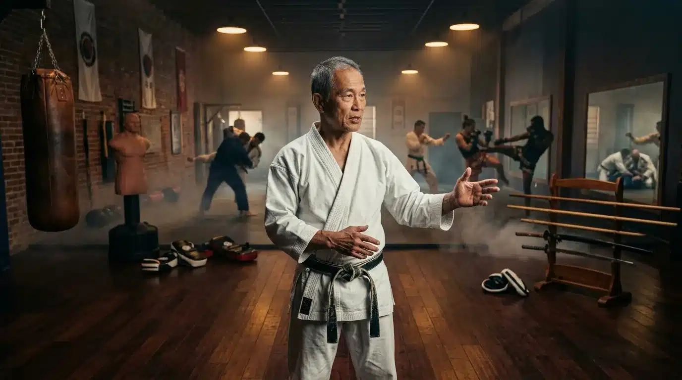 Sensei âgé en gi blanc dirigeant cours karaté dojo