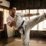 Homme en gi blanc exécutant un coup de pied élevé en dojo