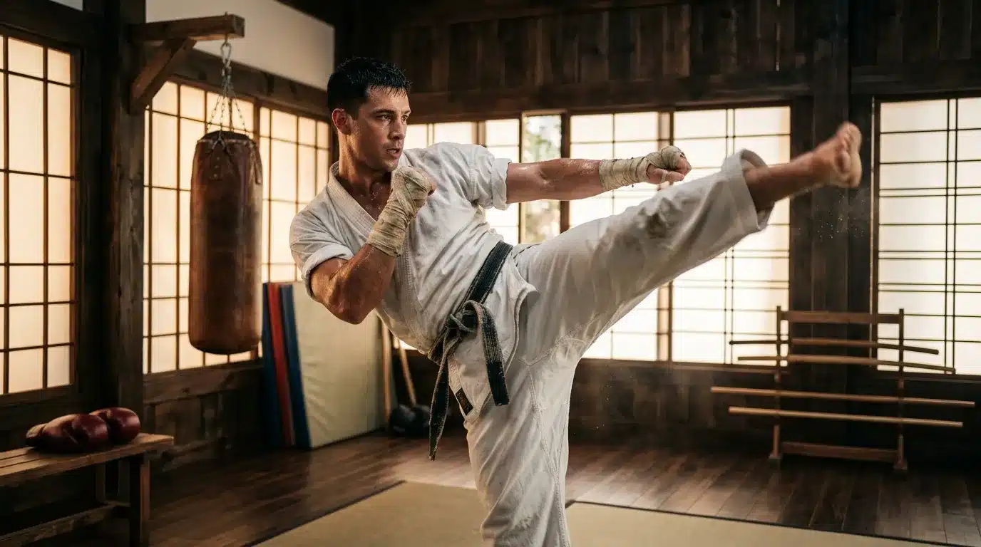 Homme en gi blanc exécutant un coup de pied élevé en dojo