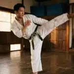 Homme en kimono blanc exécute un coup de pied en karaté