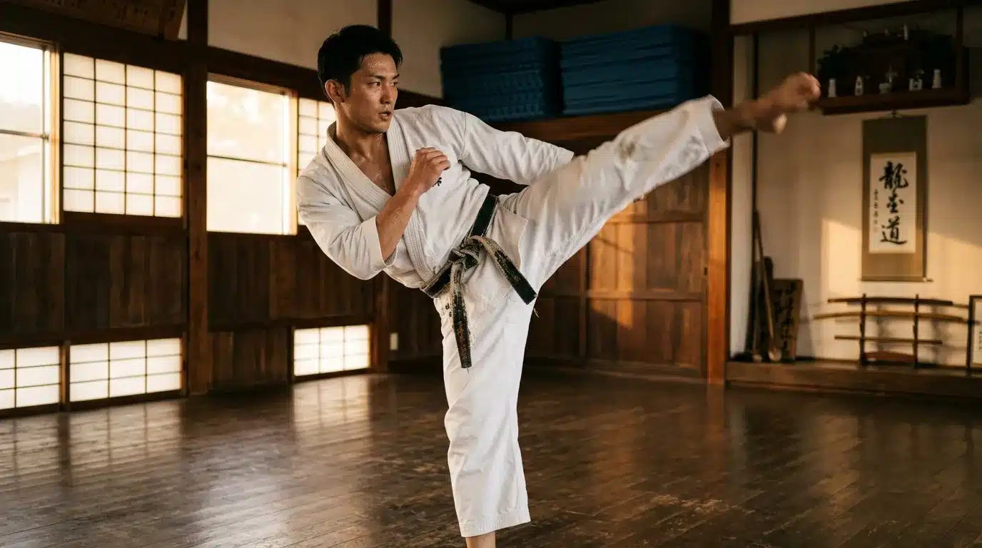 Homme en kimono blanc exécute un coup de pied en karaté