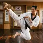 Instructeur de taekwondo en dobok blanc effectue un coup de pied circulaire
