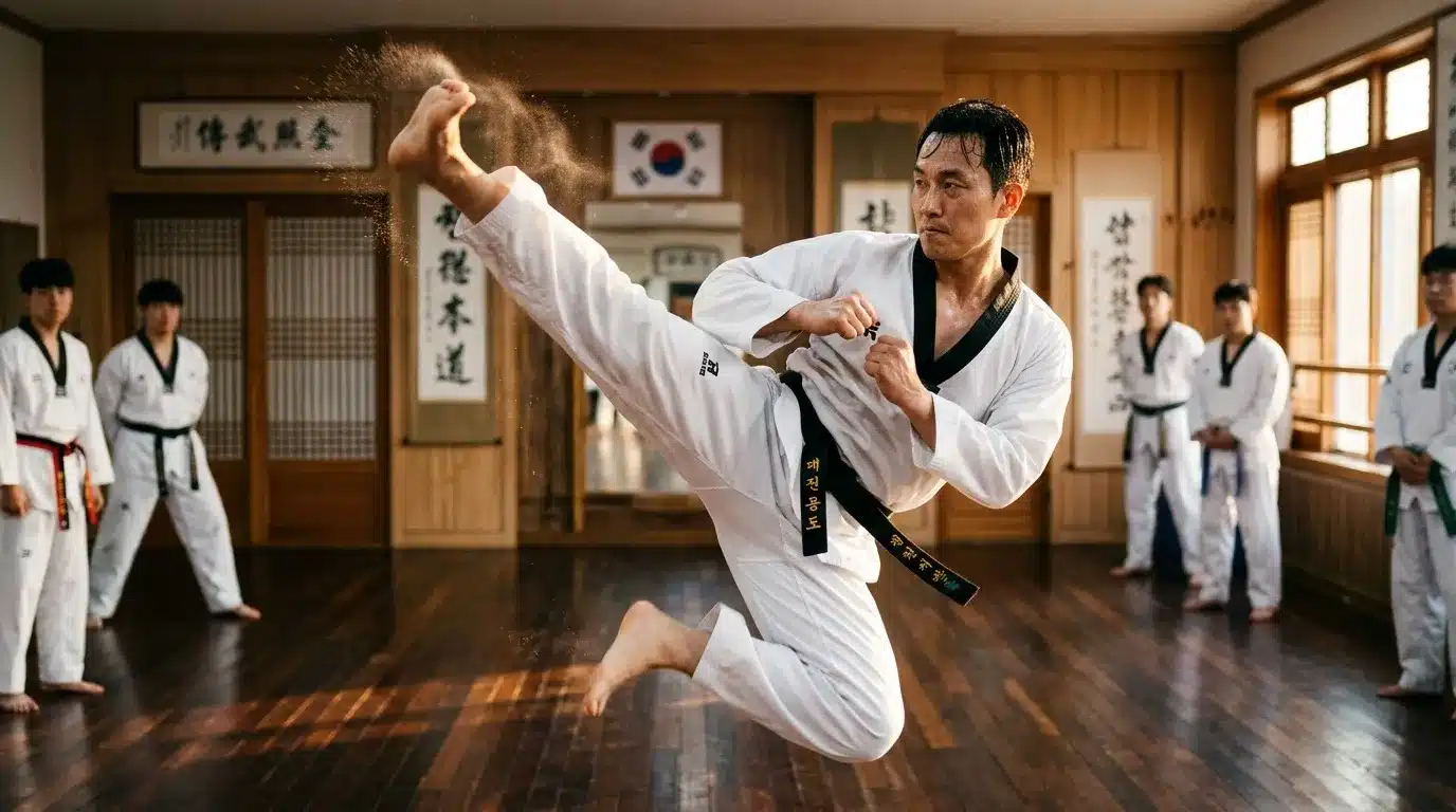Instructeur de taekwondo en dobok blanc effectue un coup de pied circulaire