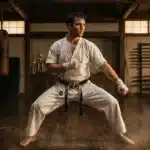 Homme en kimono blanc pratiquant une stance de karaté dans dojo