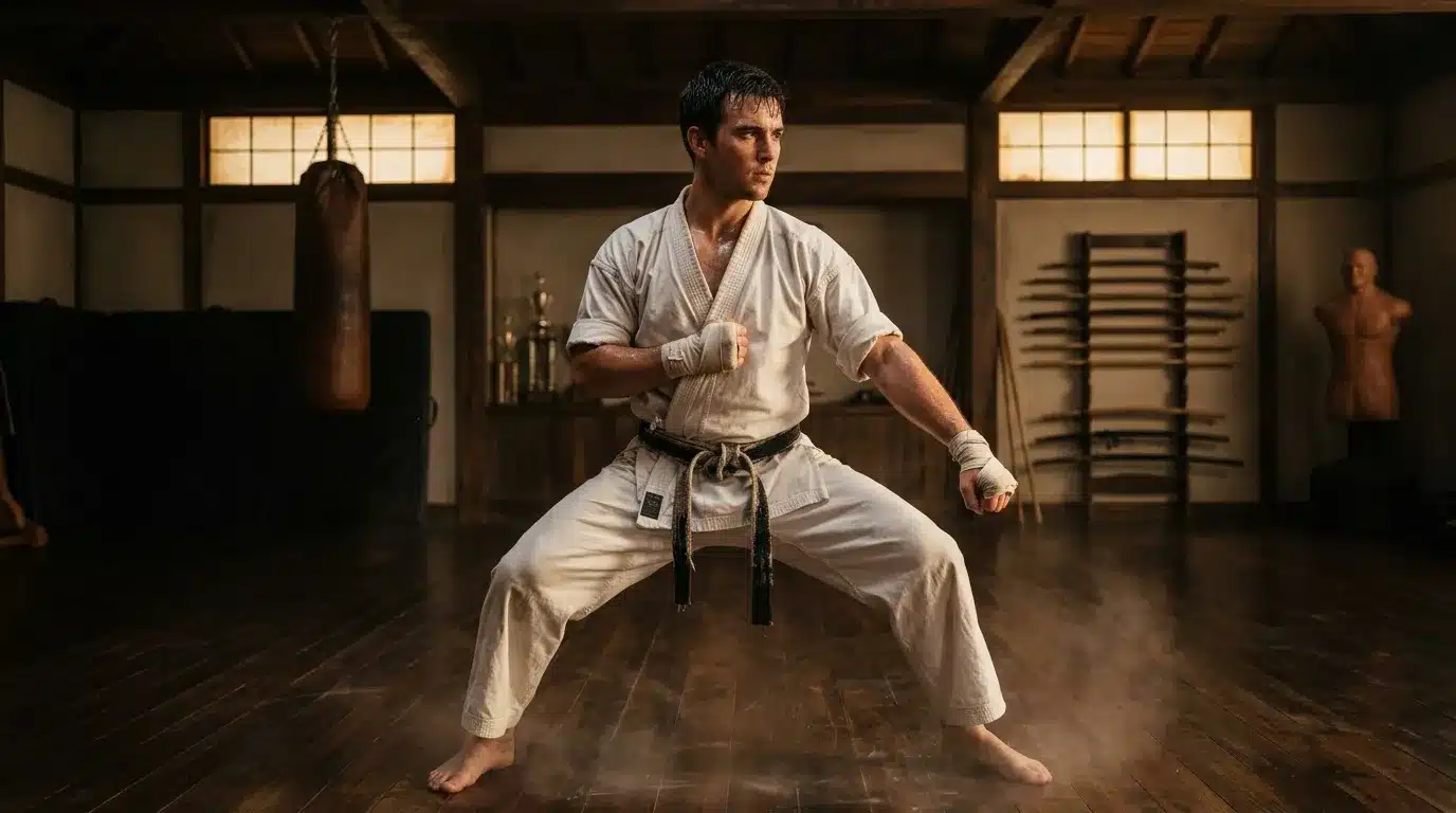 Homme en kimono blanc pratiquant une stance de karaté dans dojo