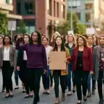 Groupe de femmes manifestant ensemble dans une rue urbaine