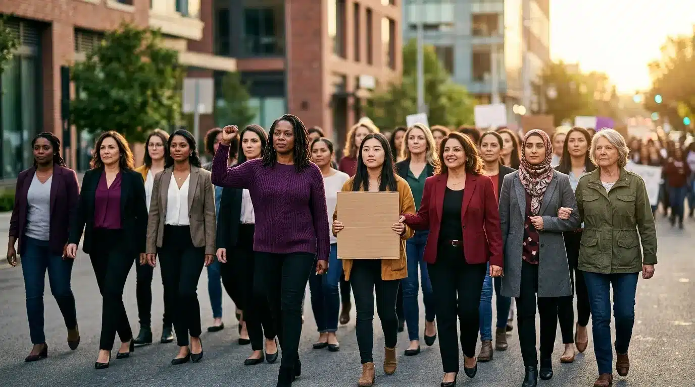 Groupe de femmes manifestant ensemble dans une rue urbaine
