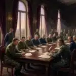 Officiers militaires signant un traité dans une salle officielle élégante.