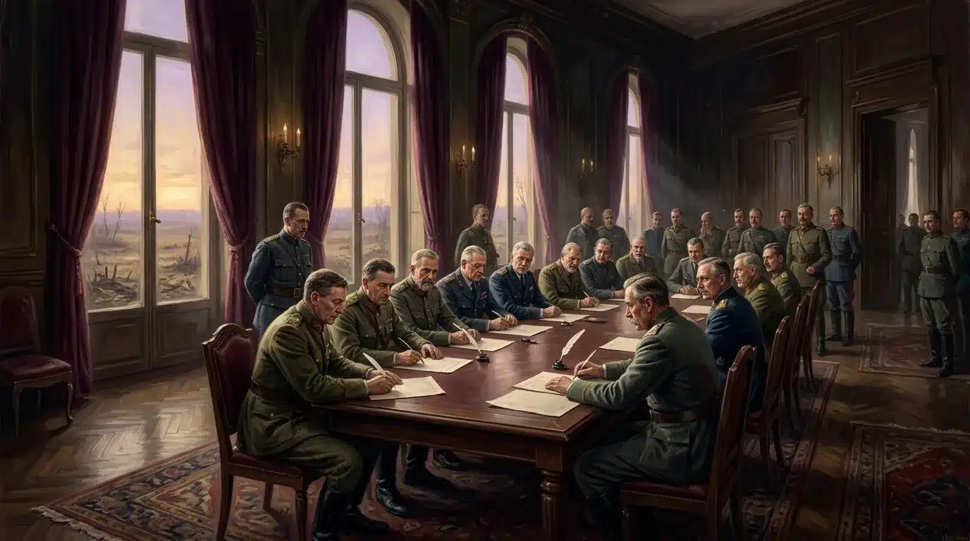 Officiers militaires signant un traité dans une salle officielle élégante.