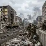 Soldats armés patrouillent ruines bâtiments détruits