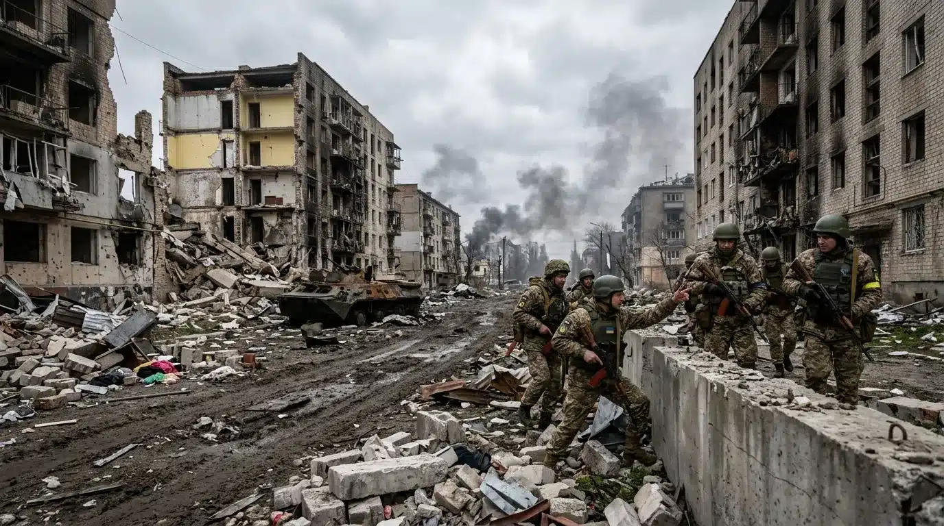 Soldats armés patrouillent ruines bâtiments détruits